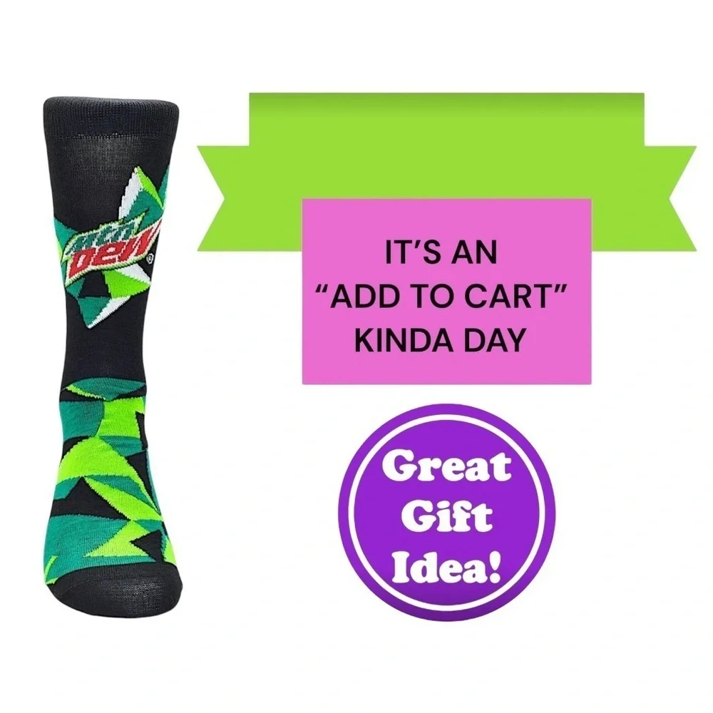 Socks Mountain Dew Novelty Crew Length Reinforced Black Green Unisex Men 6-12